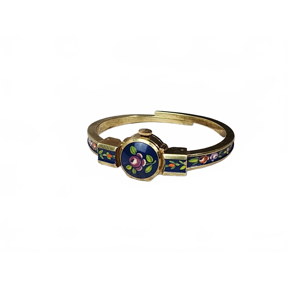 Gold-Tone Blue Floral Enamel Bangle Watch - Women's Accessory